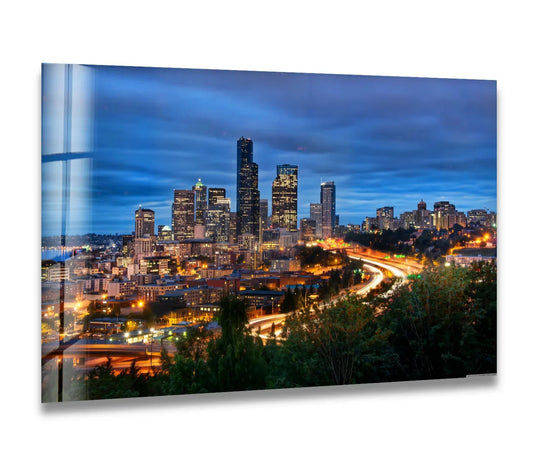 The layering effect is prominent in this Seattle skyline glass wall art decor, capturing the depth between the illuminated downtown Seattle and the serene night sky.