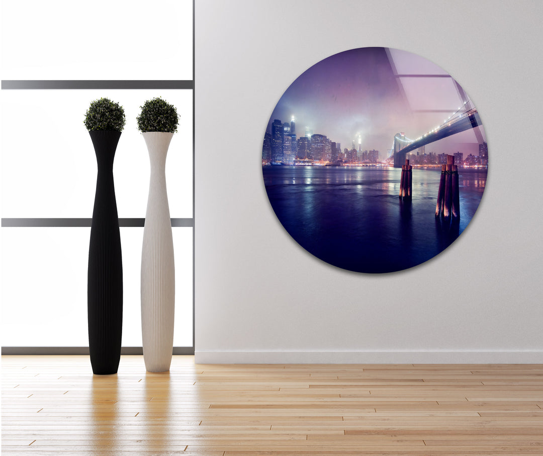 Brooklyn Bridge Glaswandkunst – Atemberaubende Skyline von New York bei Nacht mit Brooklyn Bridge