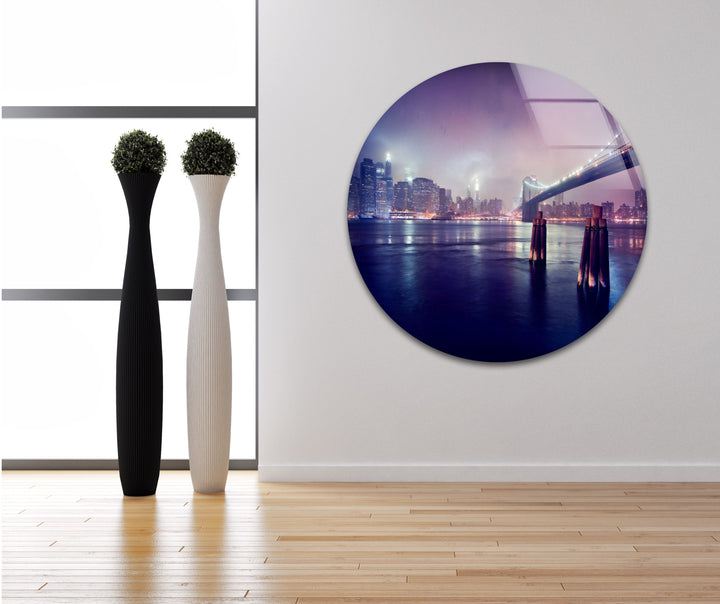 Brooklyn Bridge Glaswandkunst – Atemberaubende Skyline von New York bei Nacht mit Brooklyn Bridge