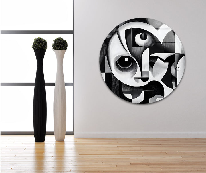 A mesmerizing black and white cubist-inspired design, adding a unique artistic statement to glass wall art.