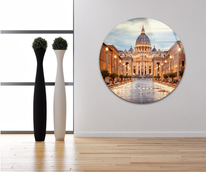 Glaswandkunst Vatikanstadt – Majestätischer Blick auf den Petersdom in der Abenddämmerung