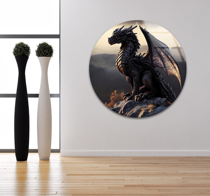 Powerful and graceful dragon resting in a serene natural setting, radiating mythical energy.
