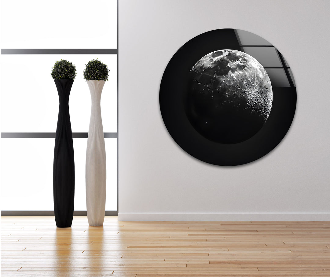 Moonlit Majesty: Striking Black and White Moon on Glass Wall Art
