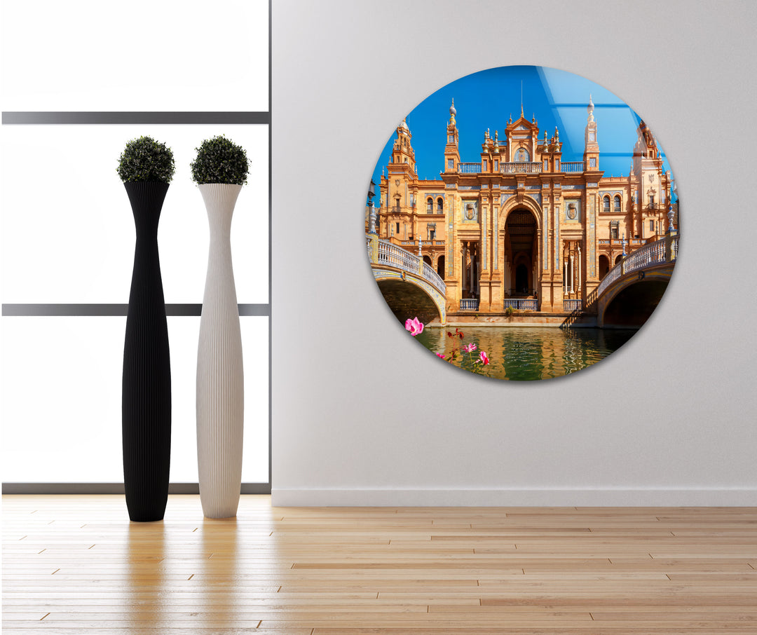 Glaswandkunst Plaza de España – Majestätisches spanisches Wahrzeichen mit malerischem Kanal