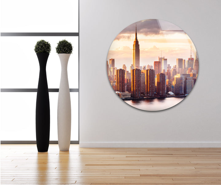 Glaswandkunst des Empire State Buildings – Atemberaubende Skyline von NYC bei Sonnenuntergang
