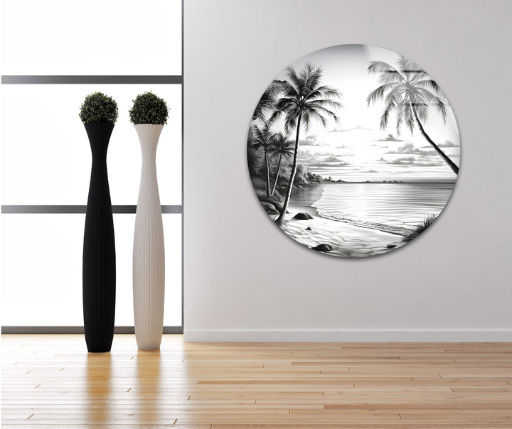 A relaxing beachside retreat captured in high-quality black and white glass wall art for home decor.