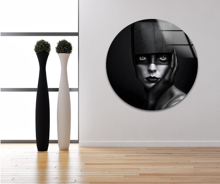 Striking monochrome abstract portrait on glass, a bold statement for modern interiors.