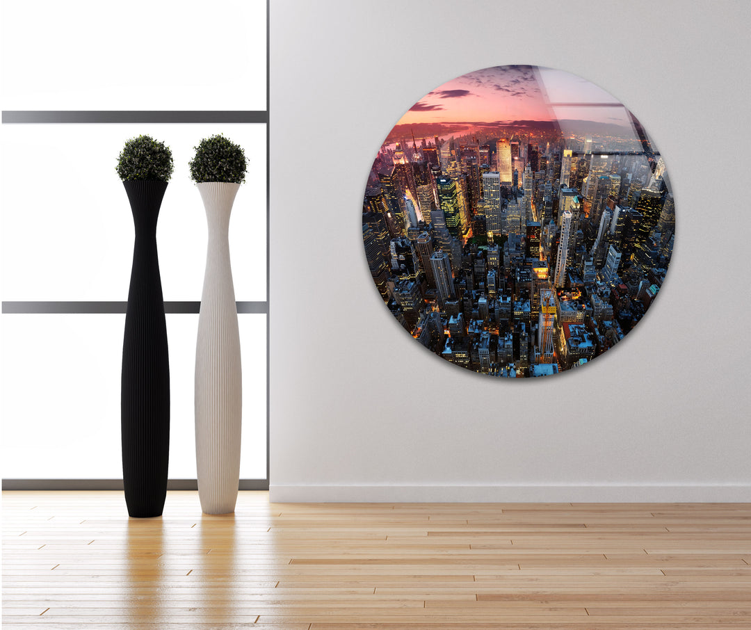 New York City Glaswandkunst – Luftaufnahme bei Sonnenuntergang