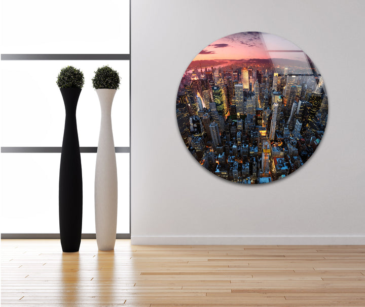 New York City Glaswandkunst – Luftaufnahme bei Sonnenuntergang