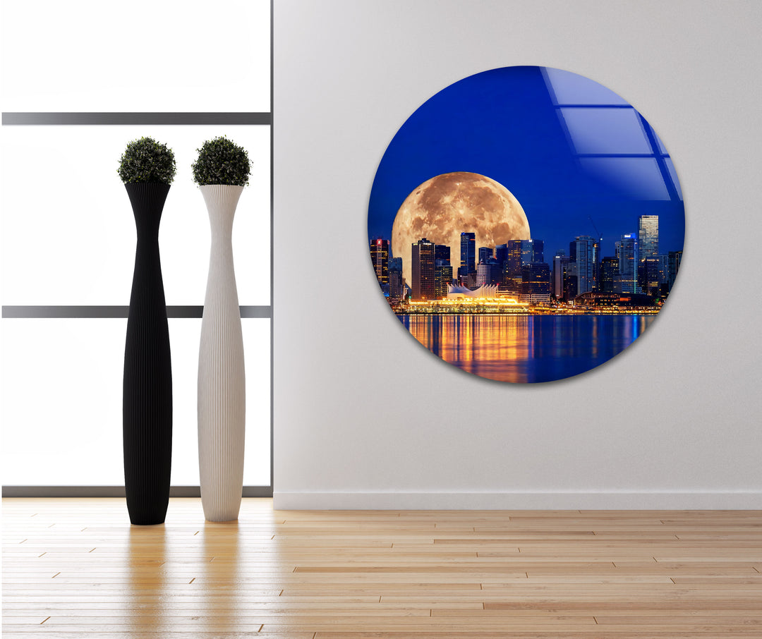 Vancouver Skyline Glass Wall Art – Supermoon Over City Lights
