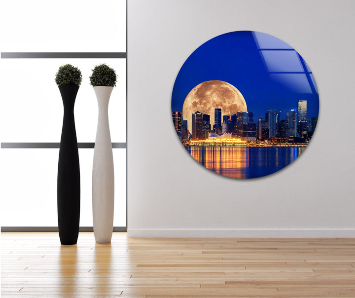 Vancouver Skyline Glass Wall Art – Supermoon Over City Lights