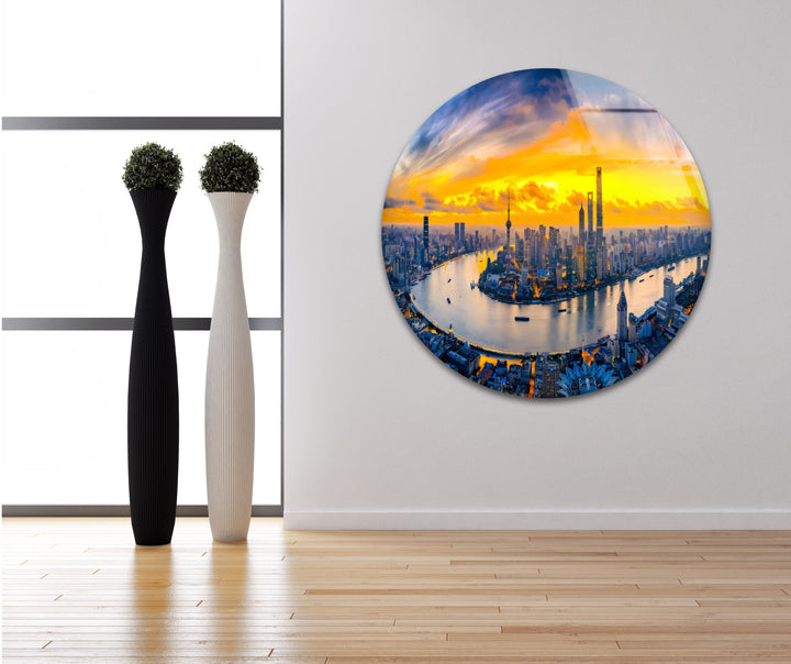 Glaswandkunst mit Skyline von Shanghai – Luftaufnahme des Stadtbilds bei Sonnenuntergang