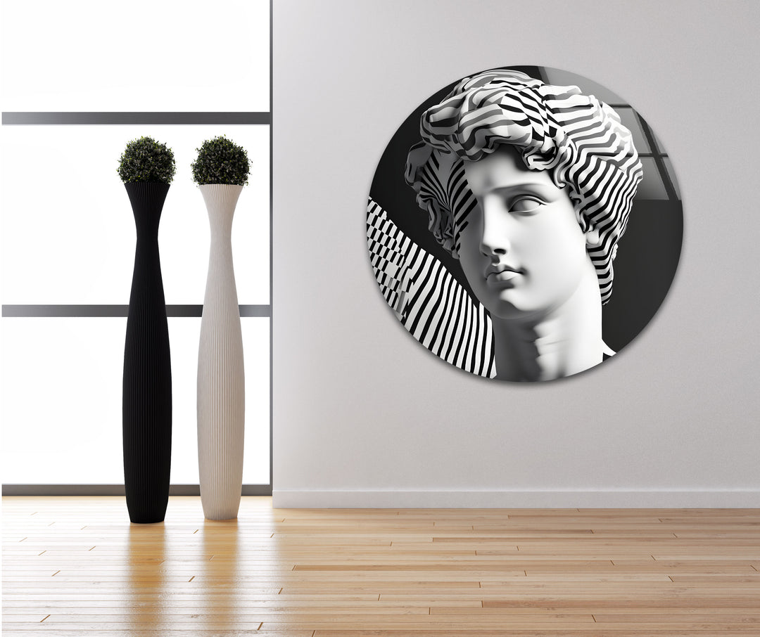 Sculptural Masterpiece: A striking abstract sculpture captured in black and white on durable glass wall art.
