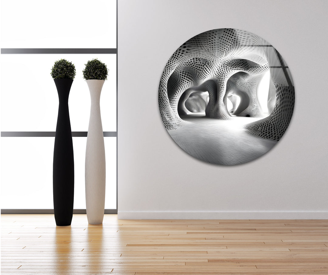A breathtaking fusion of modern architecture and abstract patterns, printed in high definition on glass wall art.
