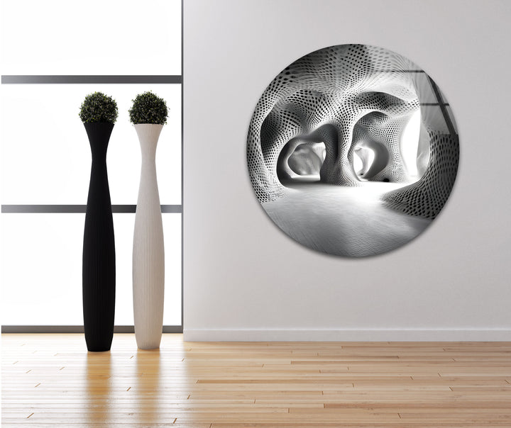 A breathtaking fusion of modern architecture and abstract patterns, printed in high definition on glass wall art.
