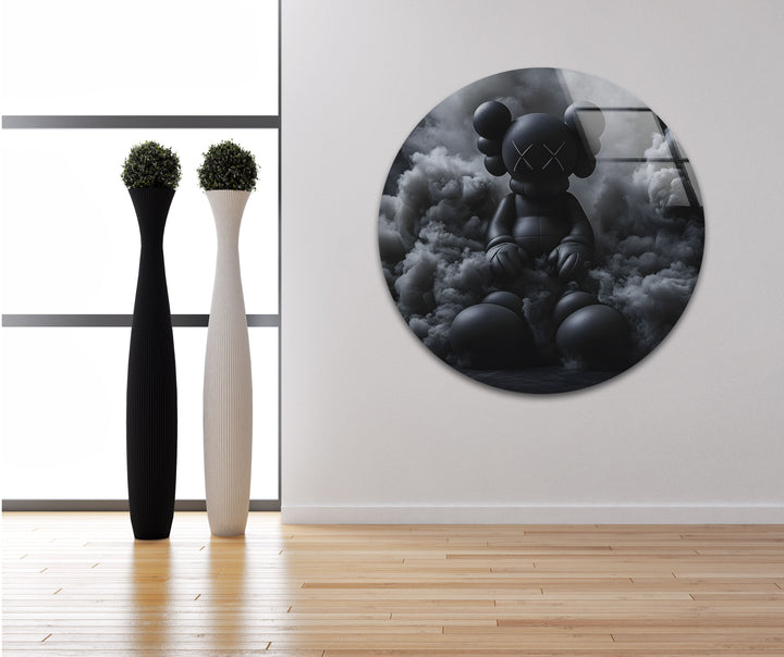 Edgy and sophisticated black and white glass wall art featuring a KAWS-inspired modern aesthetic.
