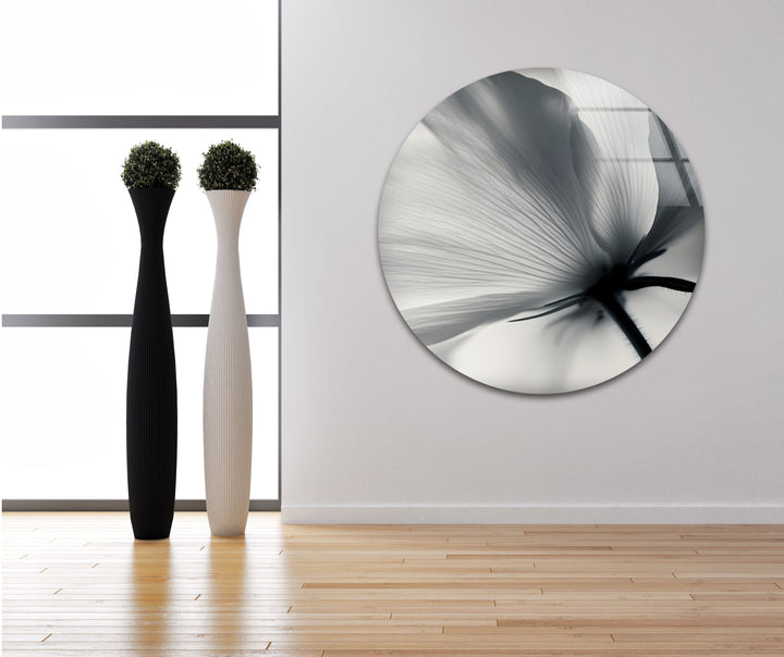 Serene Floral Glass Art: Black and white bloom art to enhance your home with simplicity and elegance.
