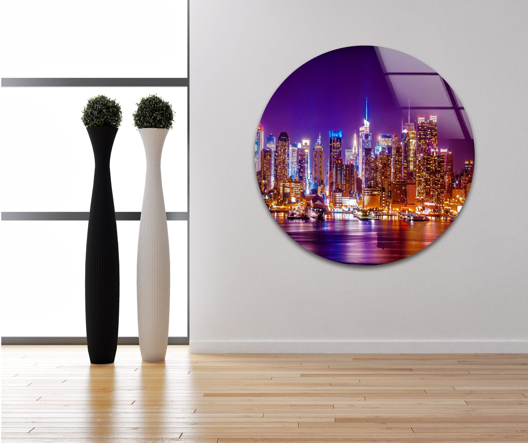 New York City Glaswandkunst – Beleuchtete Skyline bei Nacht