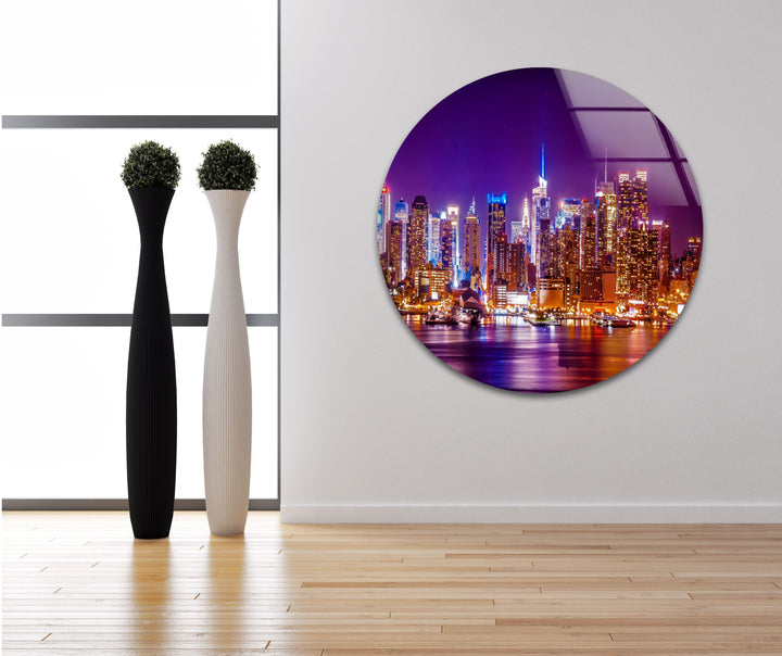 New York City Glaswandkunst – Beleuchtete Skyline bei Nacht