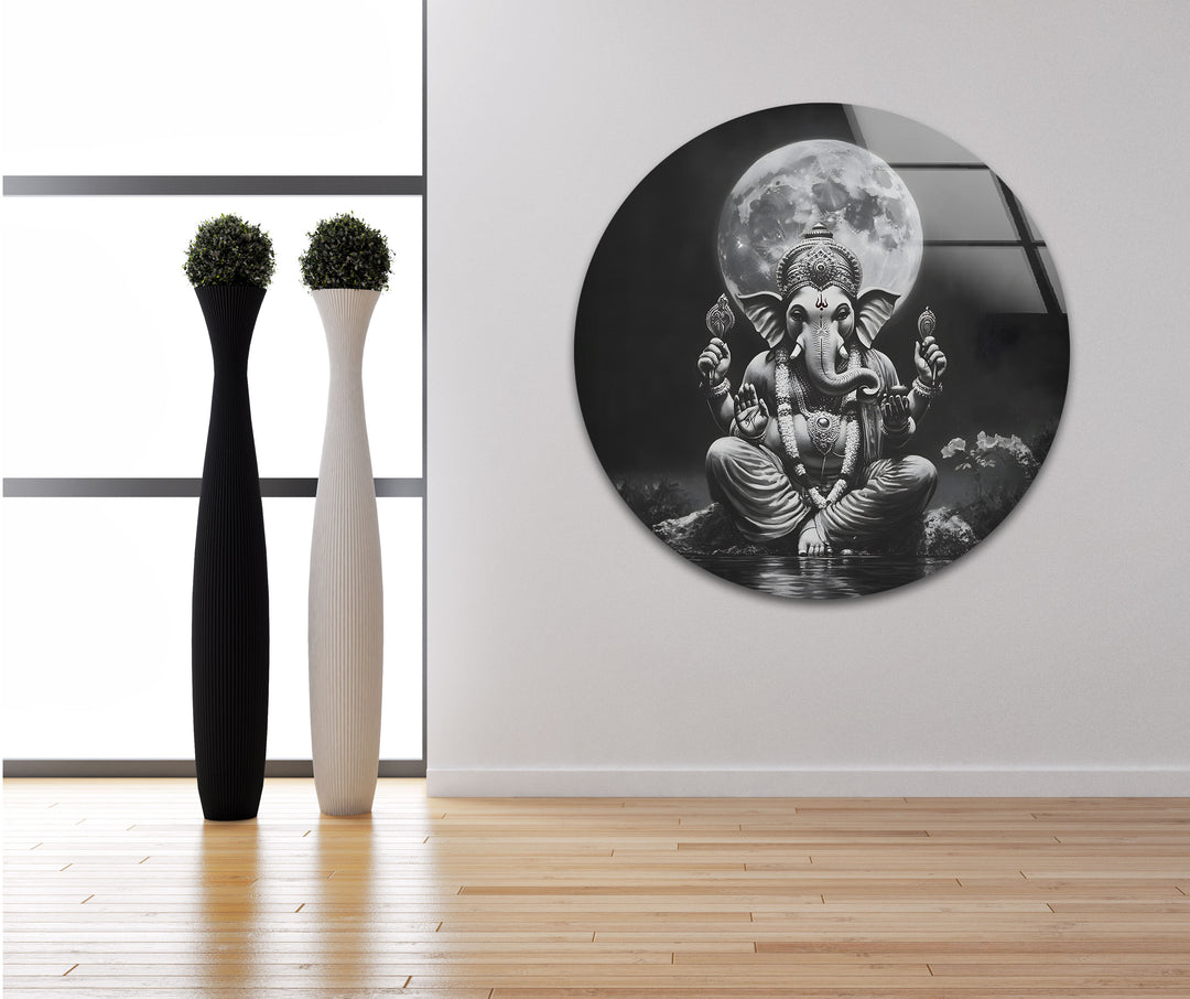 A sacred and artistic tribute to Lord Ganesha, printed in striking black and white on glass wall art.