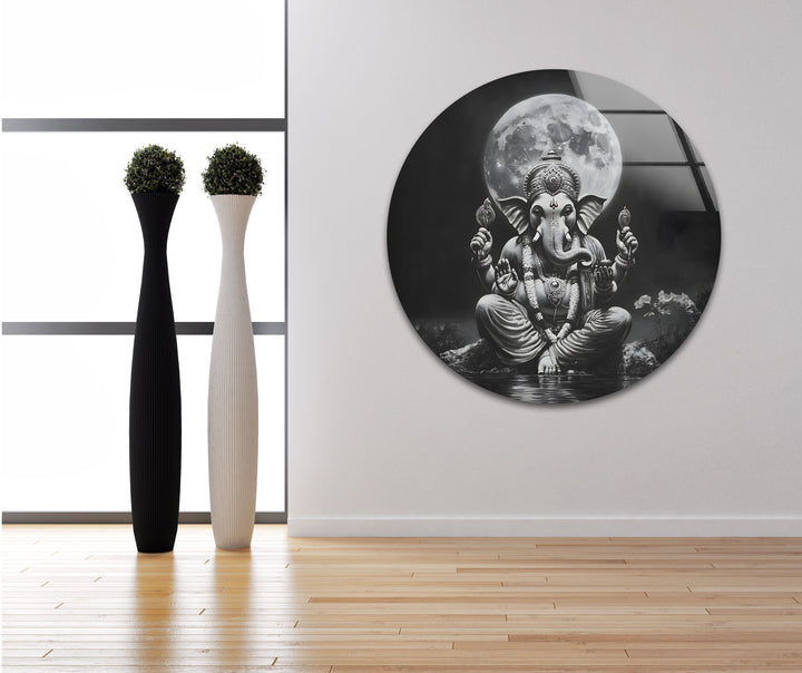 A sacred and artistic tribute to Lord Ganesha, printed in striking black and white on glass wall art.