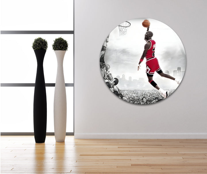 Bring the legendary moment of MJ's dunk to your home with this high-quality glass wall art, perfect for any basketball fan.