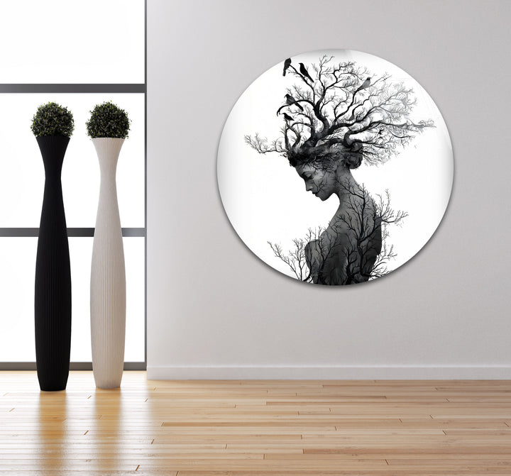 Nature’s Essence – Black & White Abstract Woman with Tree Hair Wall Art