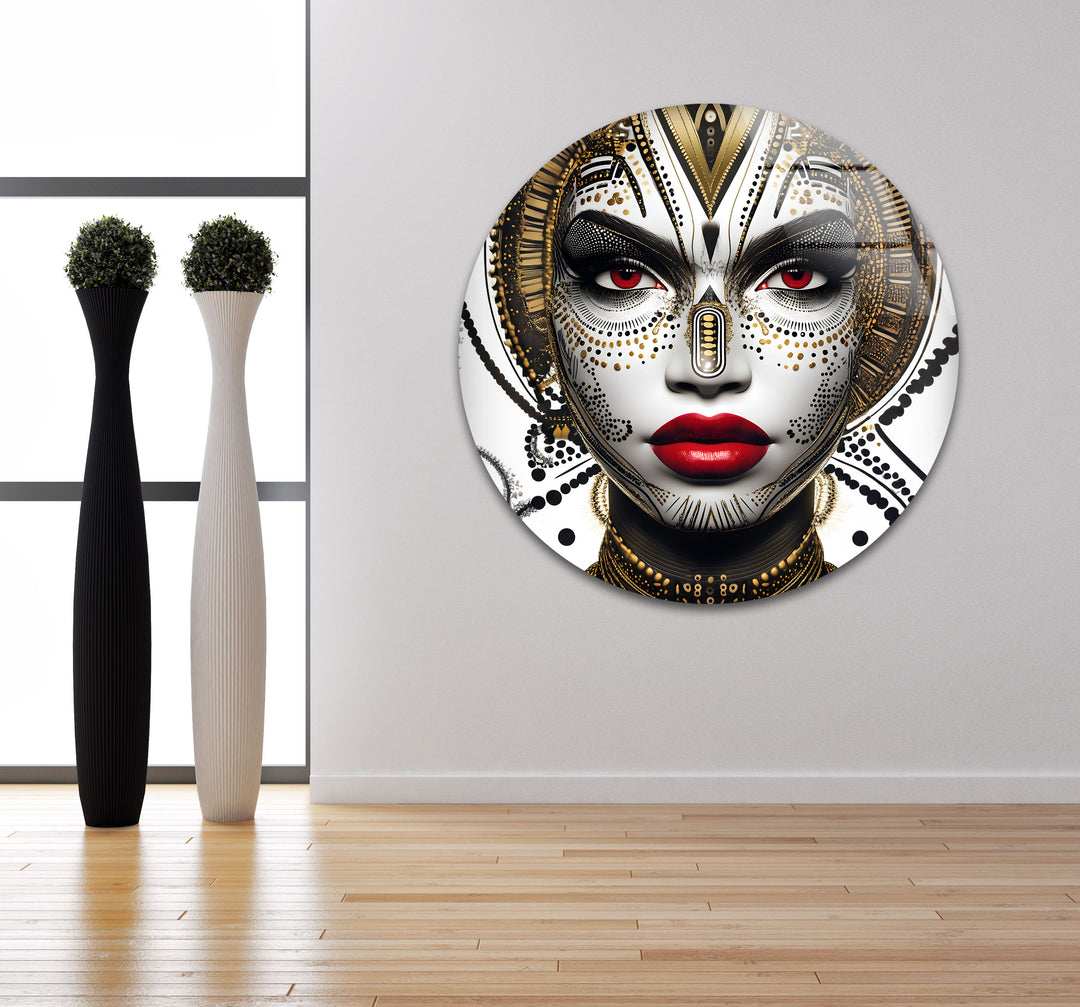 A bold black and white glass wall decor piece capturing the allure and mystique of tribal beauty.

