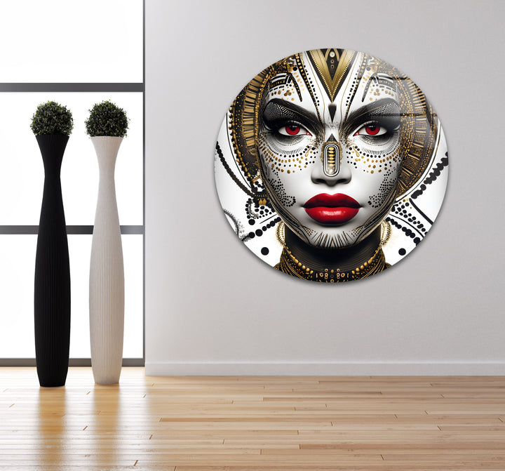 A bold black and white glass wall decor piece capturing the allure and mystique of tribal beauty.

