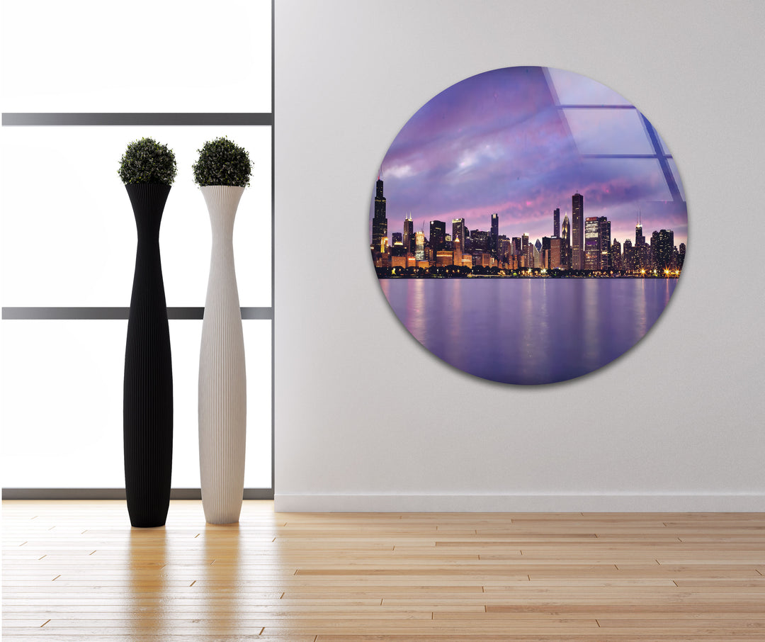 Glaswandkunst mit der Skyline von Chicago – Atemberaubender Blick auf die Innenstadt von Chicago bei Sonnenuntergang