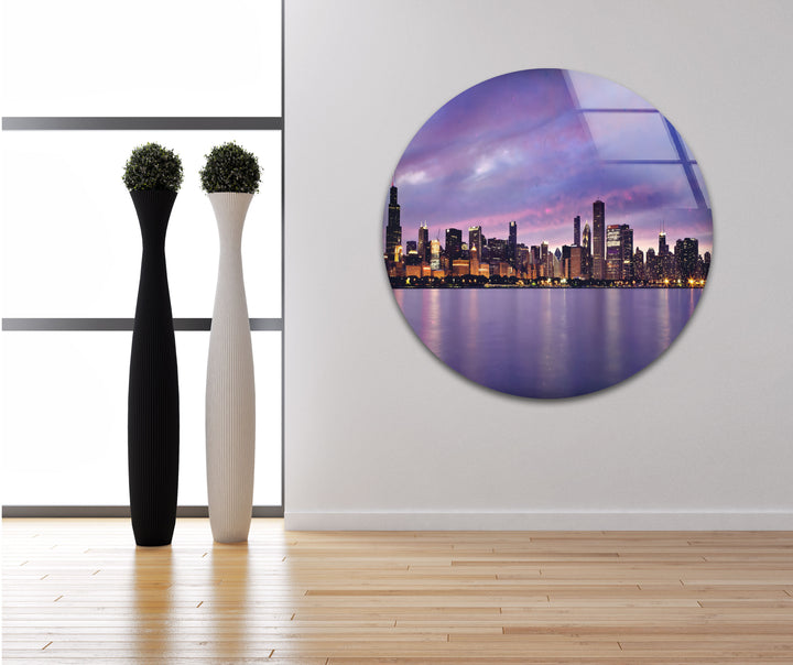 Glaswandkunst mit der Skyline von Chicago – Atemberaubender Blick auf die Innenstadt von Chicago bei Sonnenuntergang