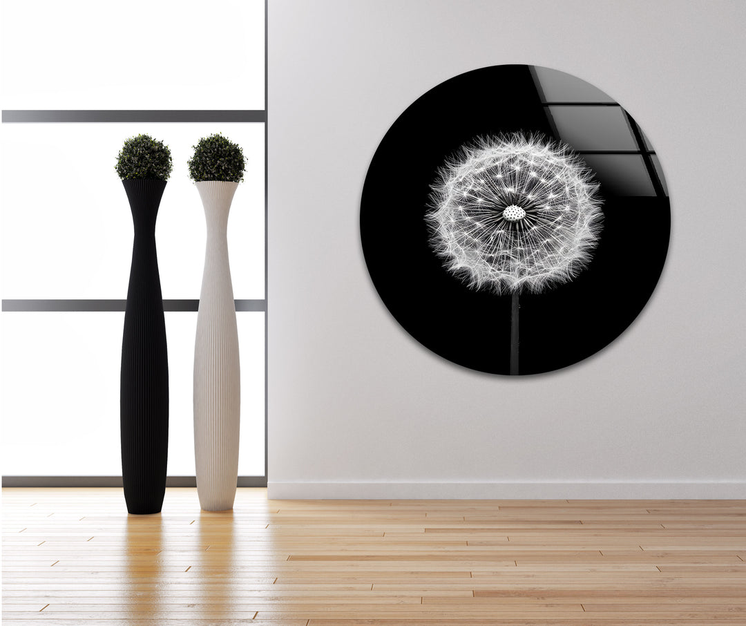 A symbolic and artistic representation of a dandelion, beautifully printed on high-quality glass wall art.