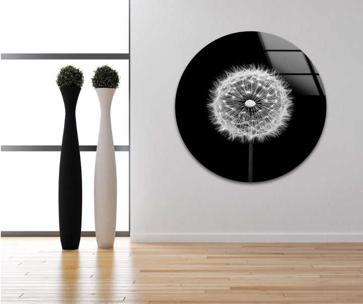 A symbolic and artistic representation of a dandelion, beautifully printed on high-quality glass wall art.