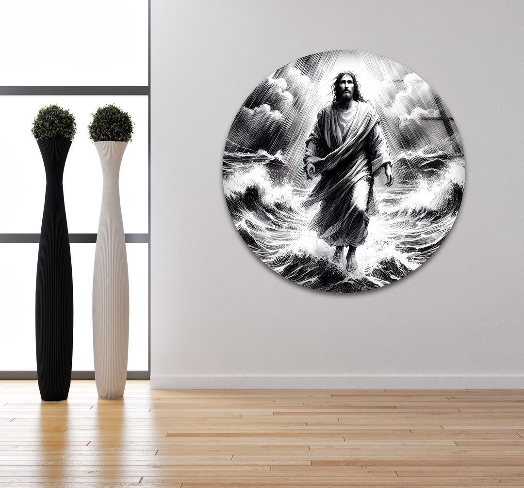 Holy Vision - Black and White Jesus on Water Glass Wall Artwork
