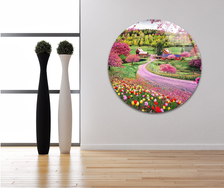 Frühlingswiese Glaswandkunst – Lebendige Blumen &amp; Landstraße