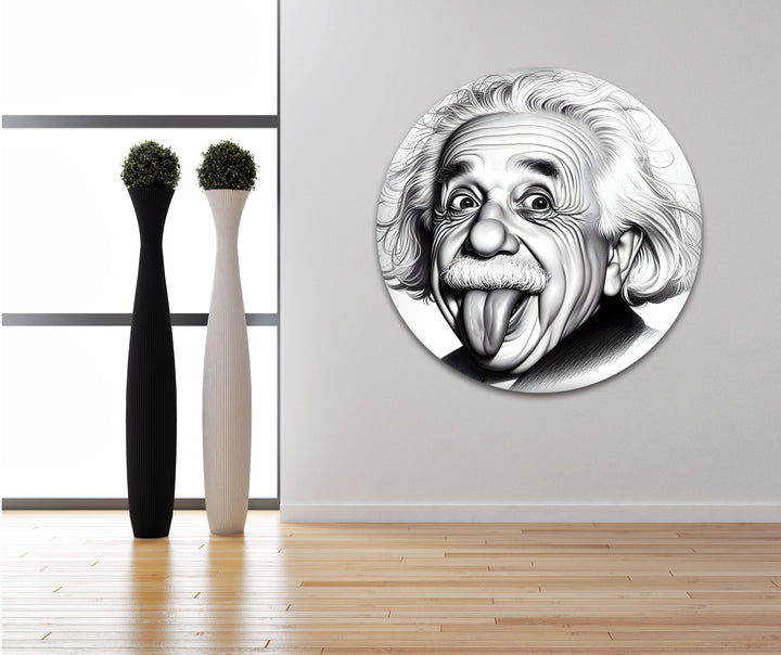 A high-contrast black and white glass artwork featuring Einstein’s famous playful face, perfect for modern spaces.

