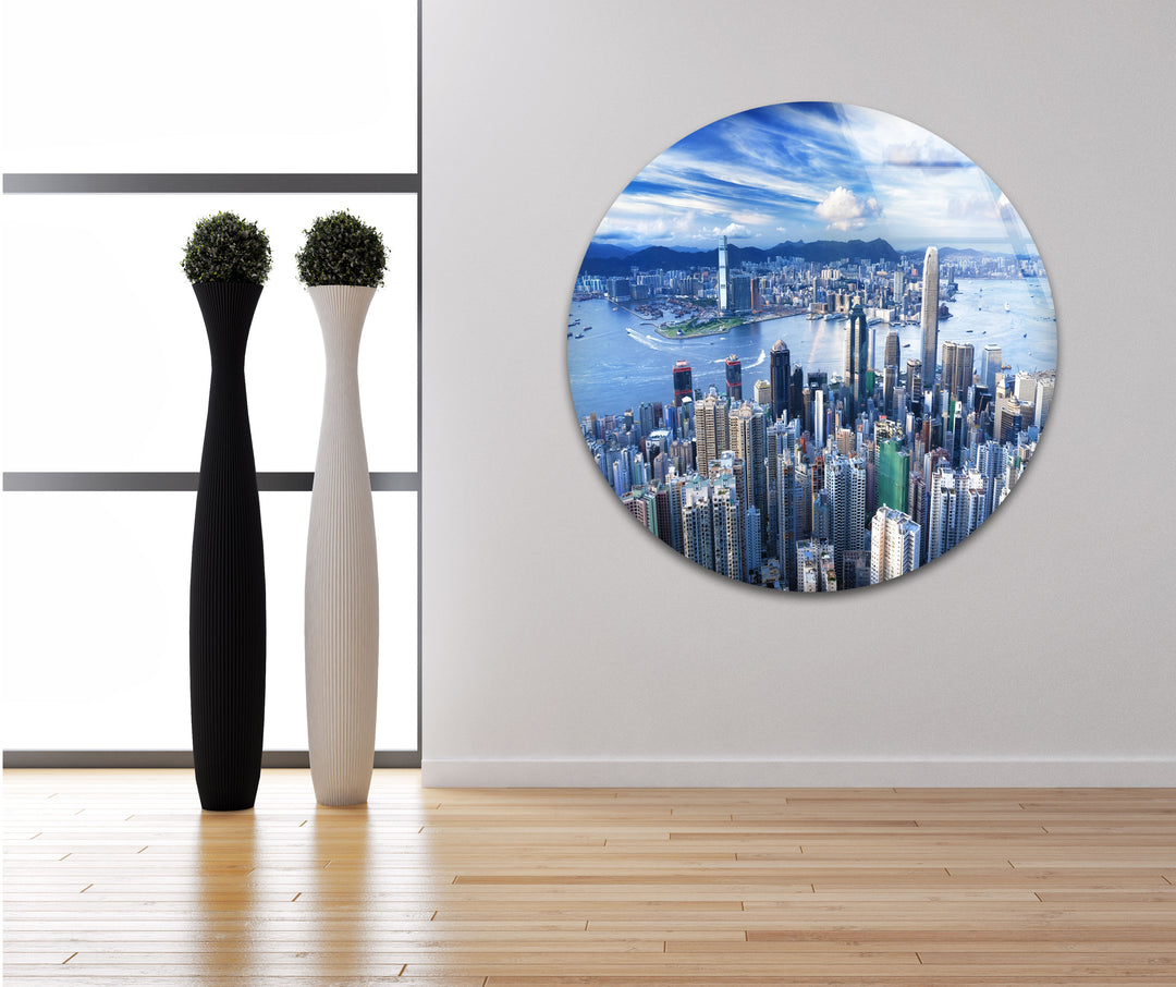 Glaswandkunst mit Skyline von Hongkong – Stadtbild und Hafen aus der Luft