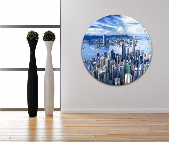 Glaswandkunst mit Skyline von Hongkong – Stadtbild und Hafen aus der Luft