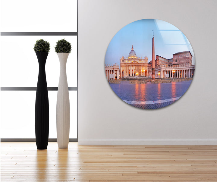 Glaswandkunst der Vatikanstadt – Majestätischer Blick auf den Petersplatz im Morgengrauen