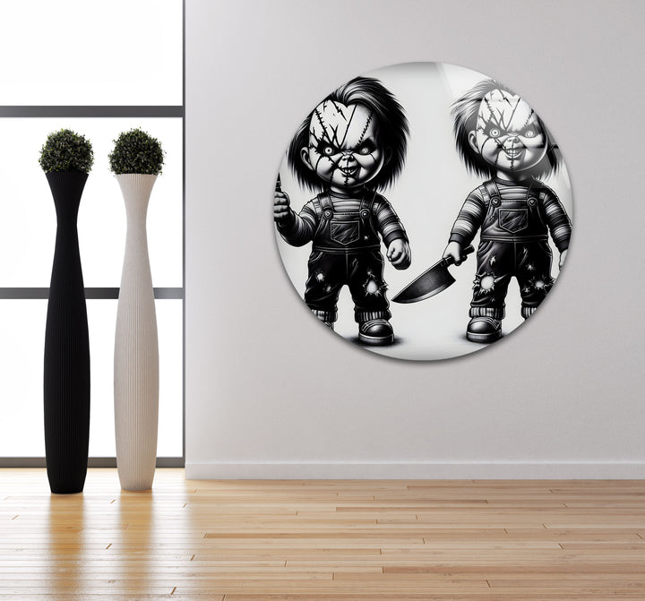 A terrifying black and white glass wall decor piece that adds an eerie atmosphere to any space.

