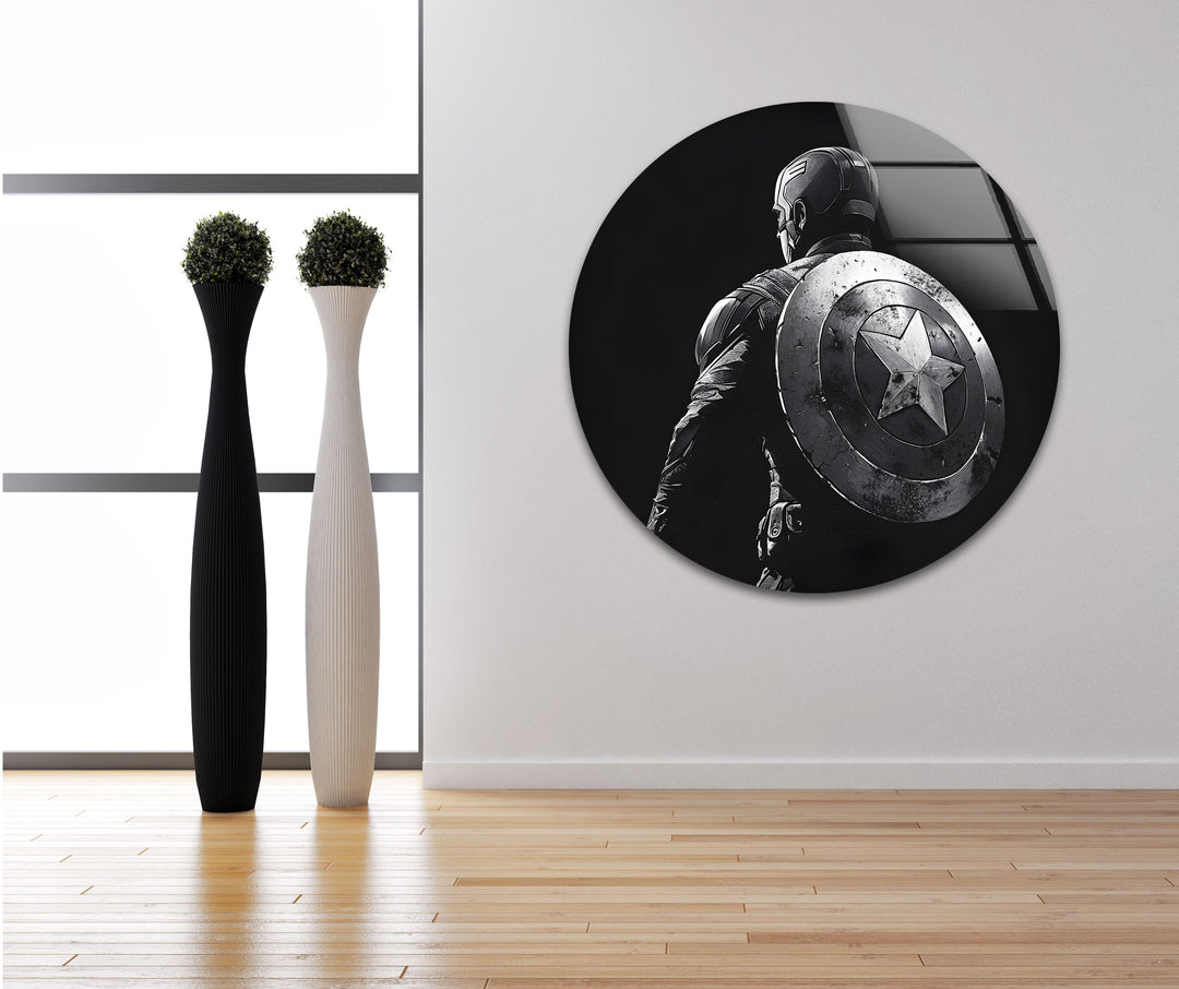 Captain America: Legendary Black and White Artwork on Glass Wall
