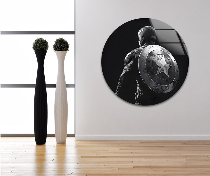 Captain America: Legendary Black and White Artwork on Glass Wall
