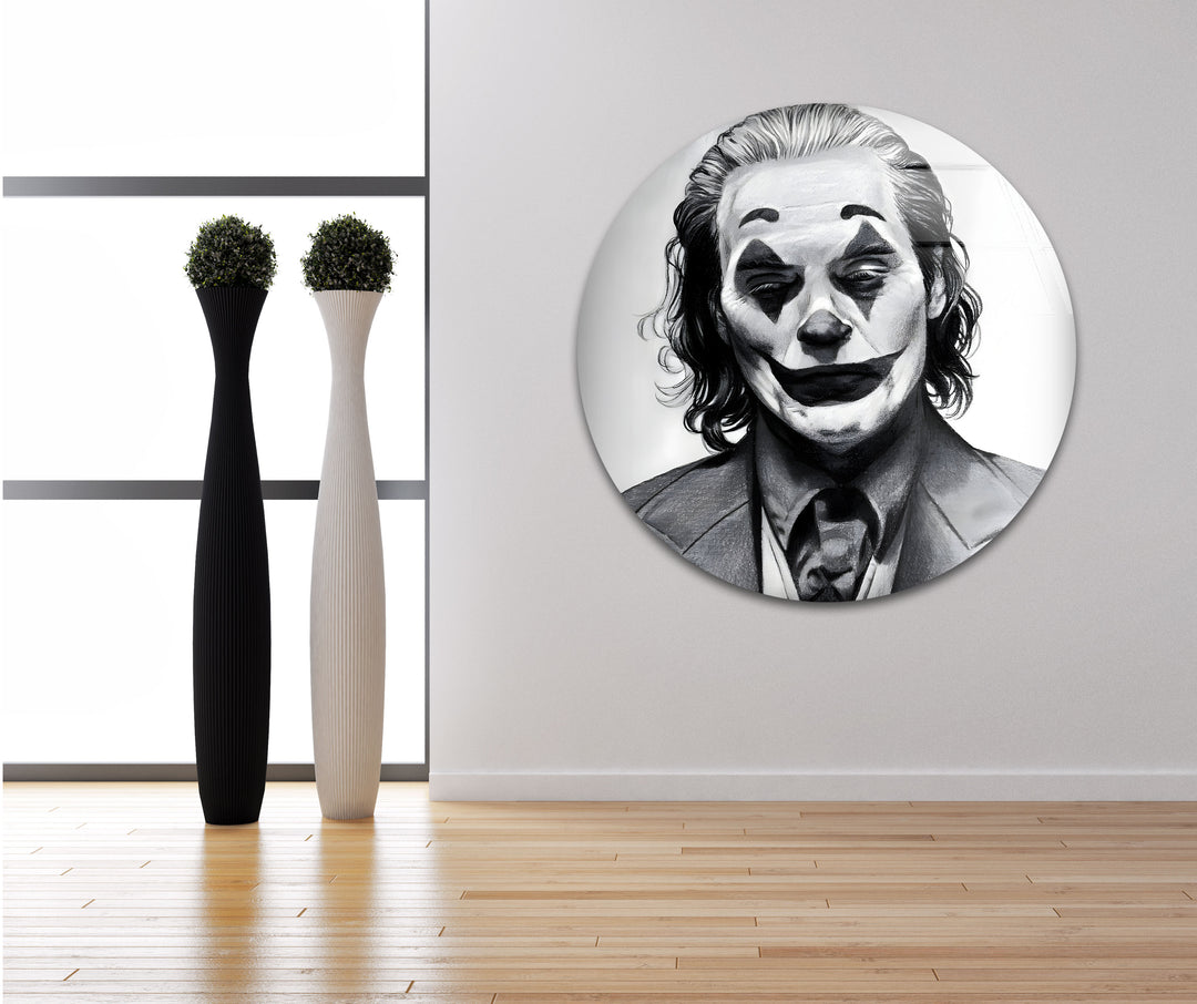 Joker: Intense Black and White Art on Glass Wall, Cinematic Masterpiece
