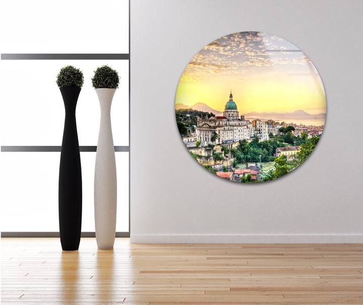 Glaswandkunst mit Blick auf die Skyline von Neapel bei Sonnenuntergang – Ikonisches italienisches Stadtbild mit Blick auf den Vesuv