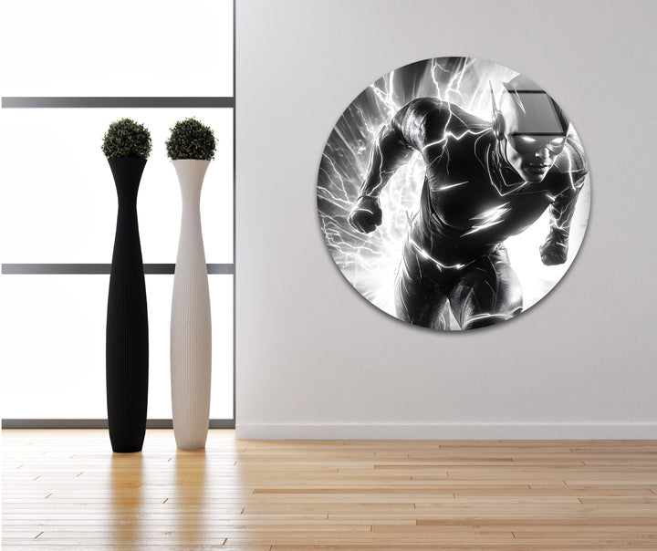 The Flash racing against time, beautifully captured in this stunning black and white glass wall art.