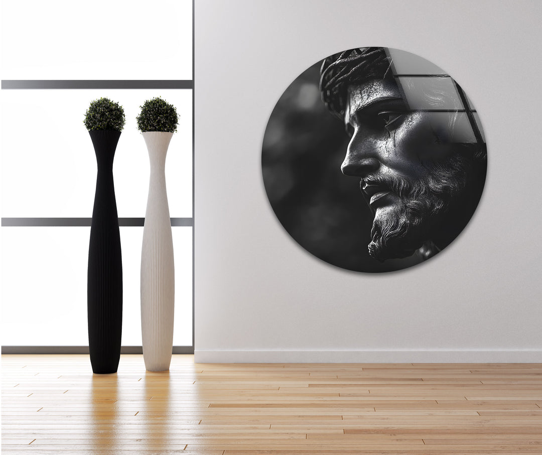 Majestic black-and-white Jesus sculpture printed on glass, creating a serene and impactful atmosphere.