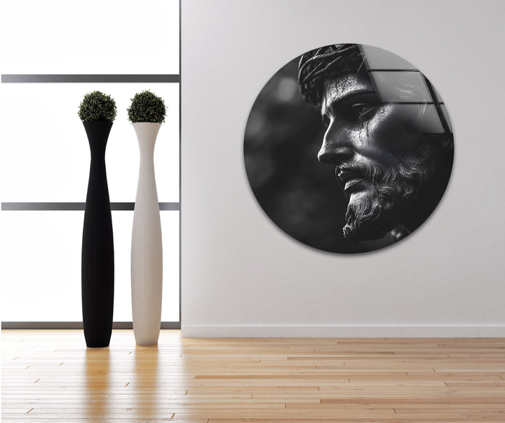 Majestic black-and-white Jesus sculpture printed on glass, creating a serene and impactful atmosphere.