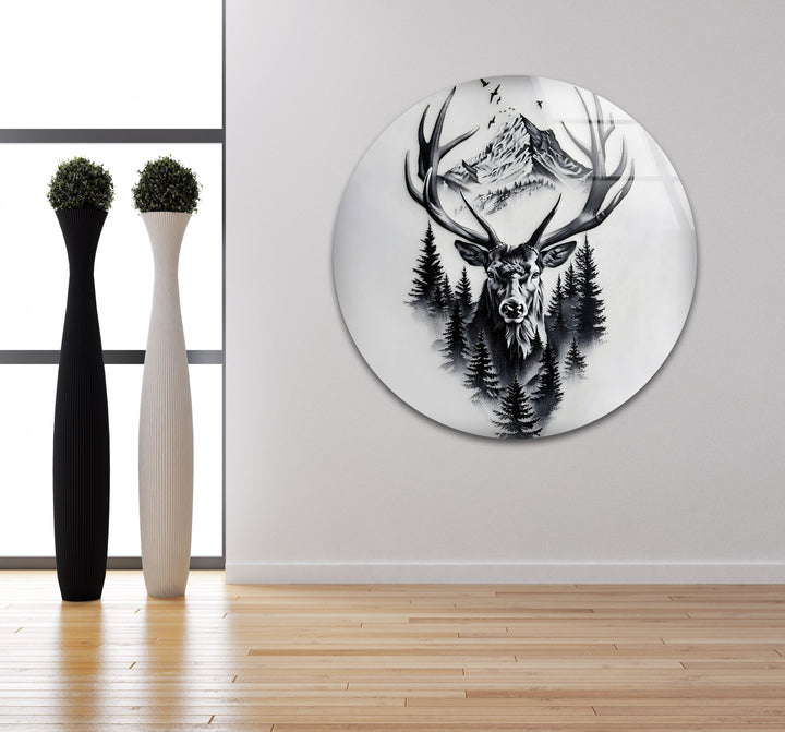 Majestätischer Hirsch &amp; Berg – Schwarz-Weiß-Wandkunst mit Wildtieren