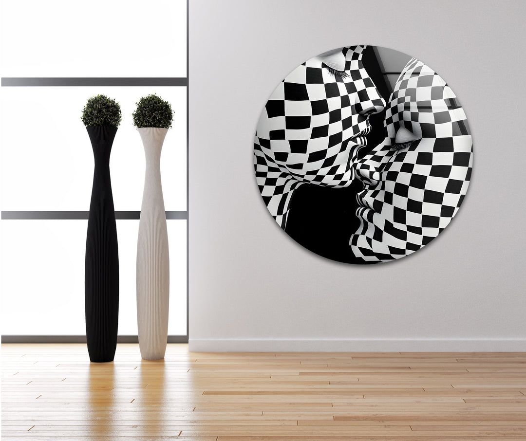 Bold and artistic black-and-white kiss with a checkered design, perfect for modern décor.