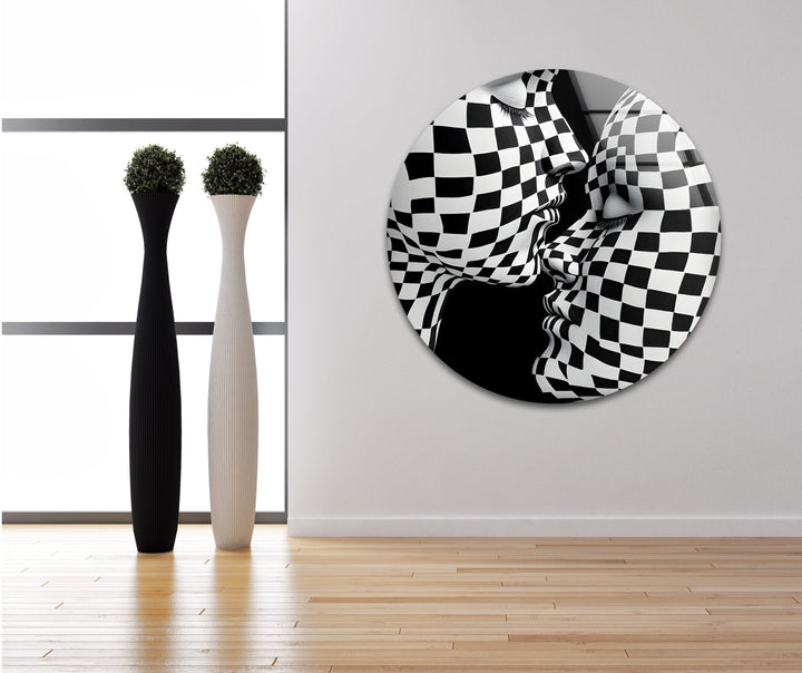 Bold and artistic black-and-white kiss with a checkered design, perfect for modern décor.